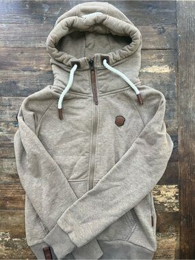 Naketano Taupe Heather Hoodie with Brown Leather Logo Patch